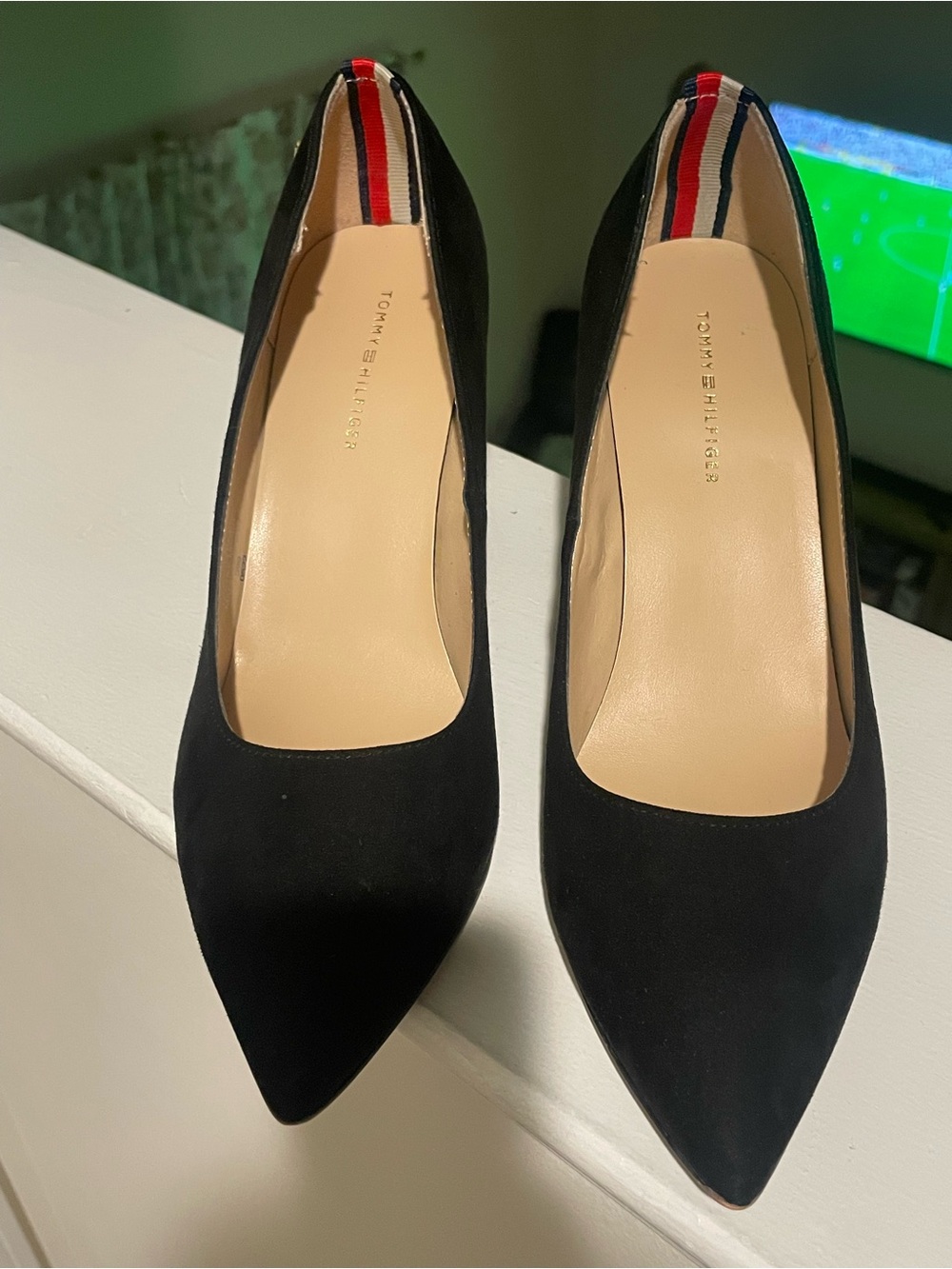 Tommy Hilfiger Black Pointed Suede Pumps with Signature Flag Detail